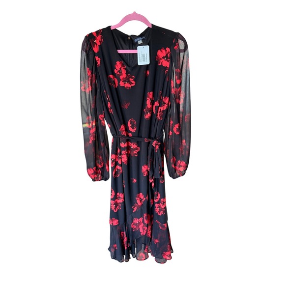 Tommy Hilfiger Women 18W Black Red Floral Chiffon Midi Dress New With Tags - Picture 1 of 10